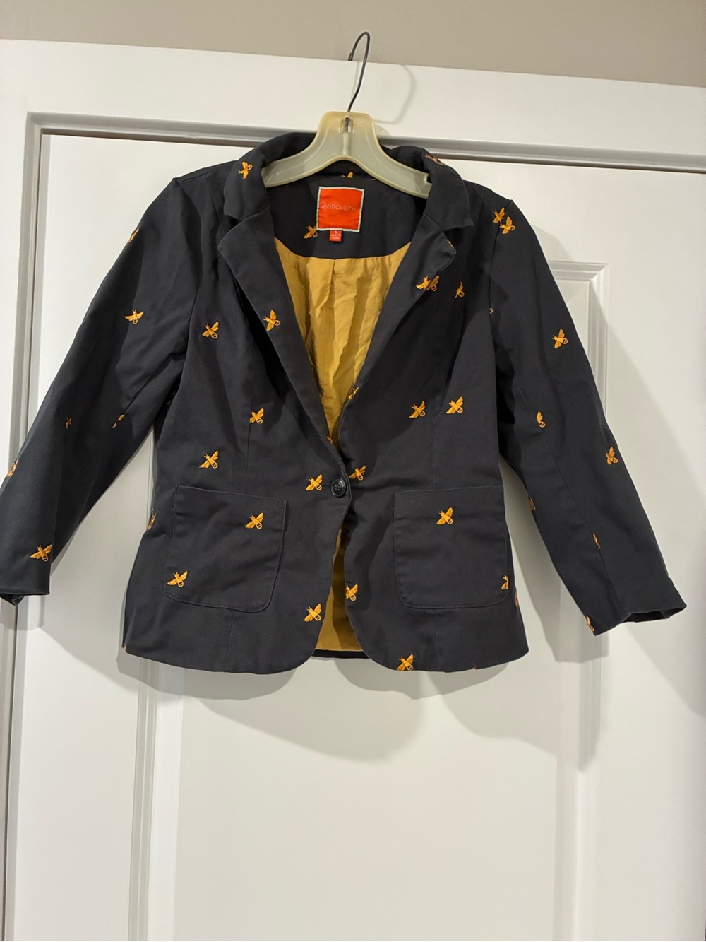 Modcloth Small Navy Blazer with Yellow Bees Embroidered Motif